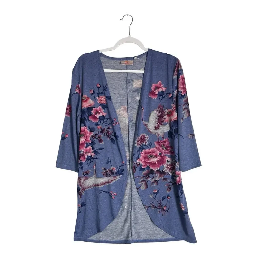 Quacker Factory Blue Embellished Floral Kimono Cardigan Rhinestone Open Front XS